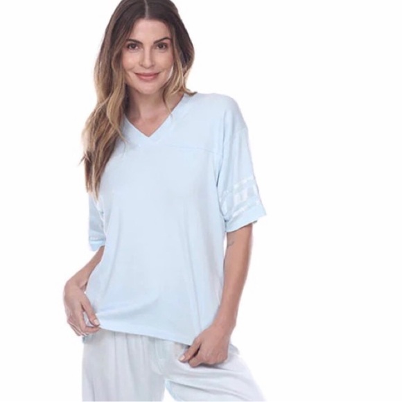 Pj Harlow Blue Satin Stripe Modal Supima Cotton V Neck Baseball Tee Womens Sz M - Picture 1 of 10